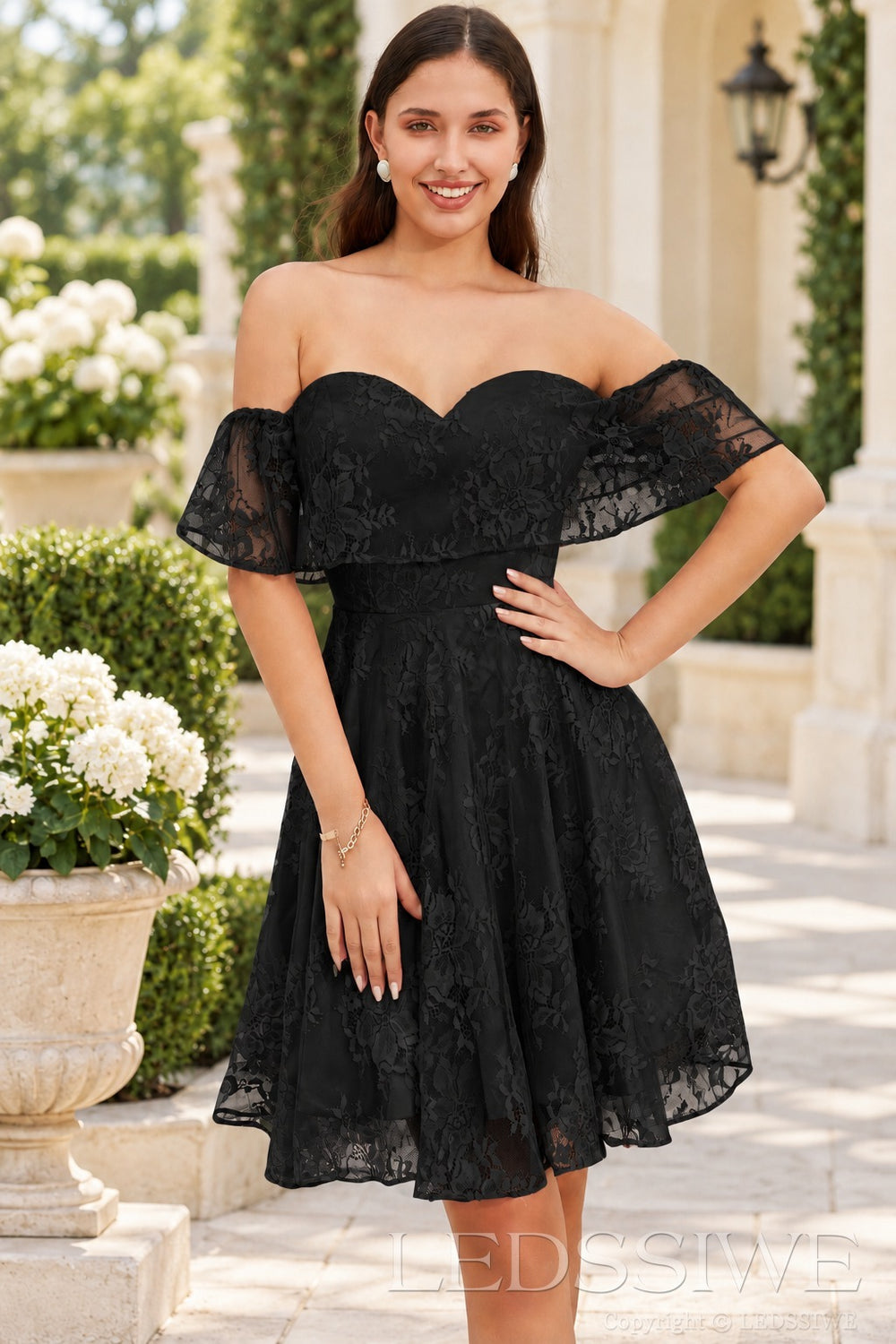 black off the shoulder sweetheart lace a-line homecoming dress