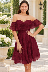 burgundy off the shoulder sweetheart lace a-line homecoming dress