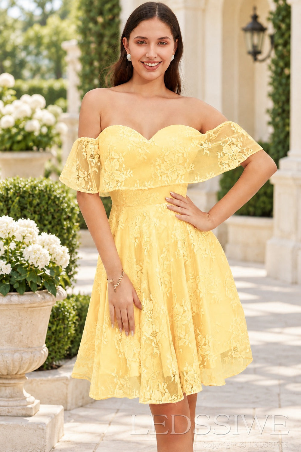 daffodil off the shoulder sweetheart lace a-line homecoming dress