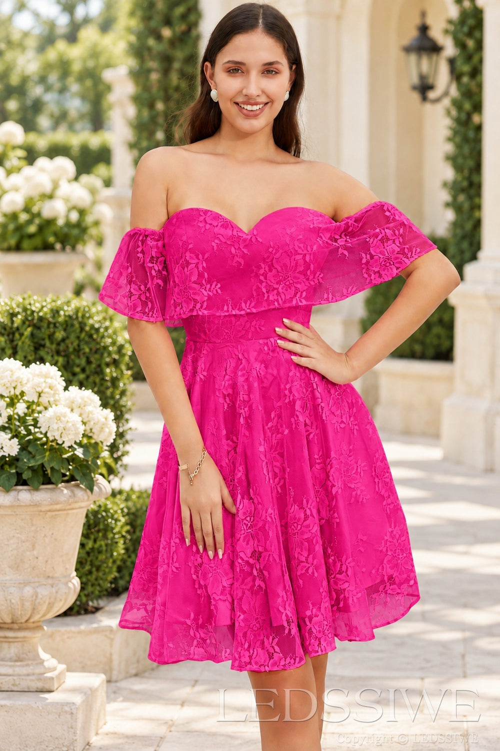 fuchsia off the shoulder sweetheart lace a-line homecoming dress