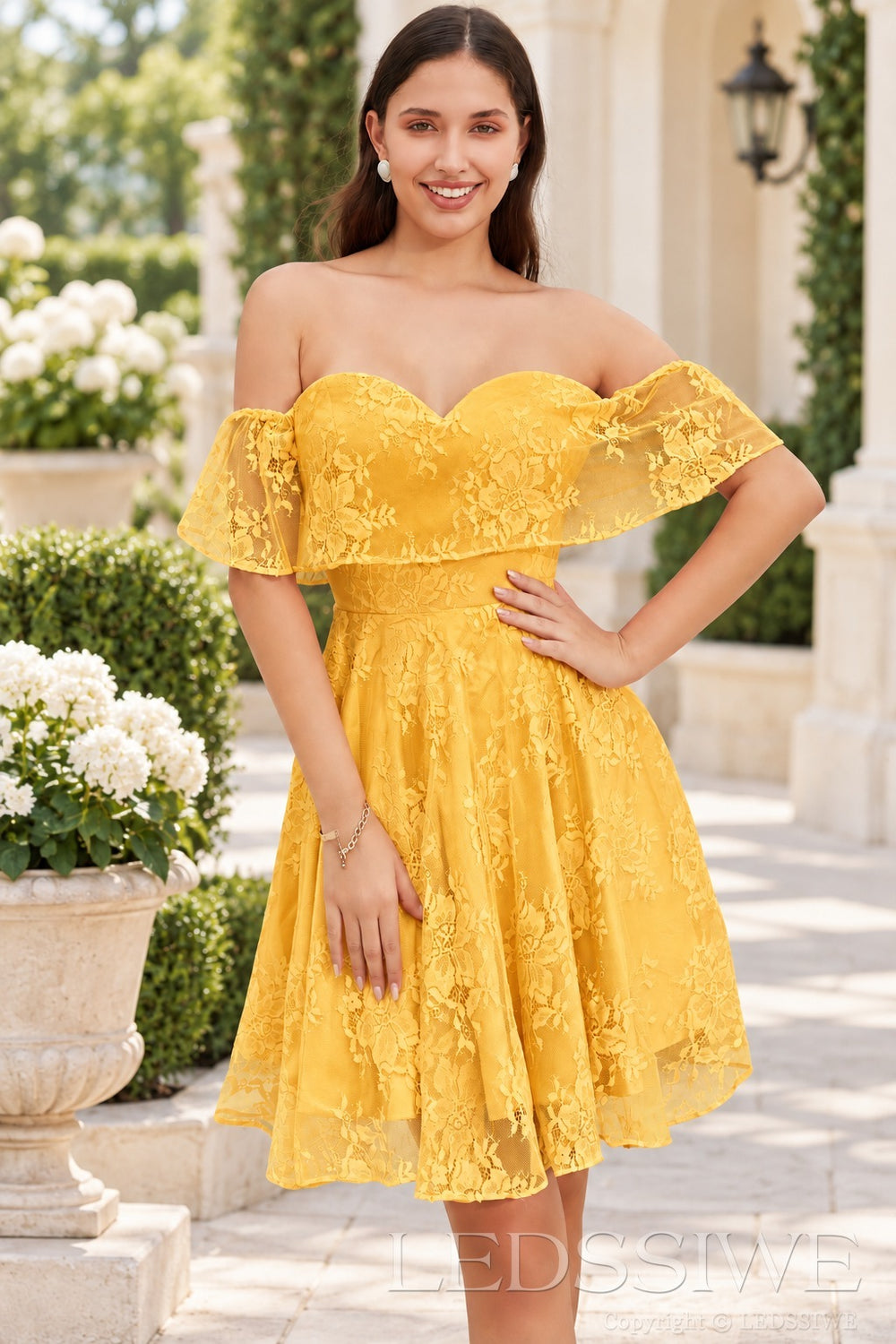 gold off the shoulder sweetheart lace a-line homecoming dress