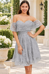 grey off the shoulder sweetheart lace a-line homecoming dress