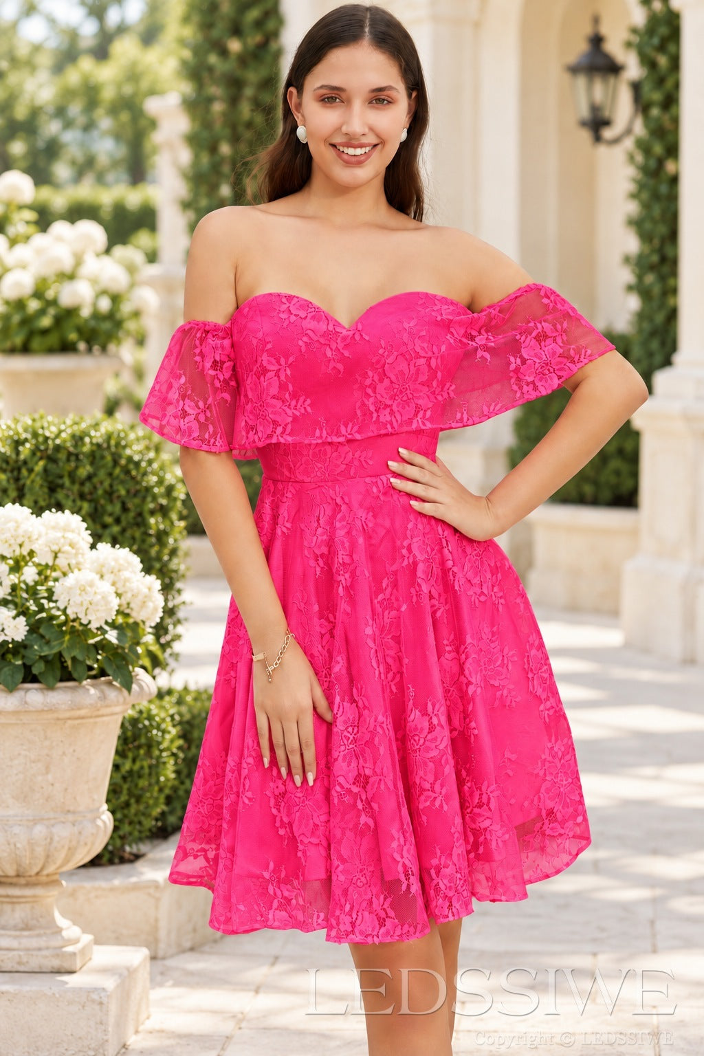 hot pink off the shoulder sweetheart lace a-line homecoming dress