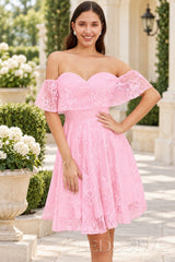pink off the shoulder sweetheart lace a-line homecoming dress