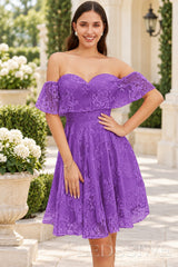 purple off the shoulder sweetheart lace a-line homecoming dress