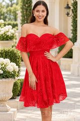 red off the shoulder sweetheart lace a-line homecoming dress