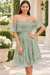 sage off the shoulder sweetheart lace a-line homecoming dress