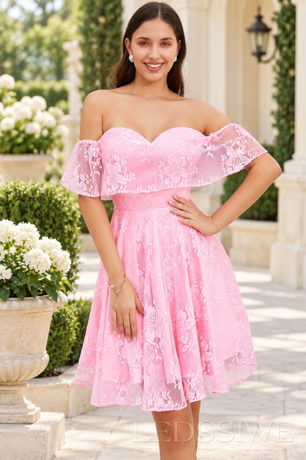 pink off the shoulder sweetheart lace a-line homecoming dress front