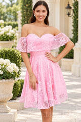pink off the shoulder sweetheart lace a-line homecoming dress front