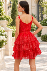red sweetheart spaghetti strap lace corset tiered ruffle homecoming dress open zipper back