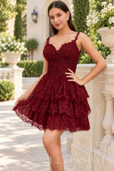 burgundy sweetheart spaghetti strap lace corset tiered ruffle homecoming dress