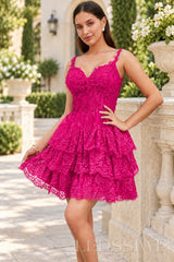 fuchsia sweetheart spaghetti strap lace corset tiered ruffle homecoming dress
