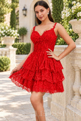 red sweetheart spaghetti strap lace corset tiered ruffle homecoming dress