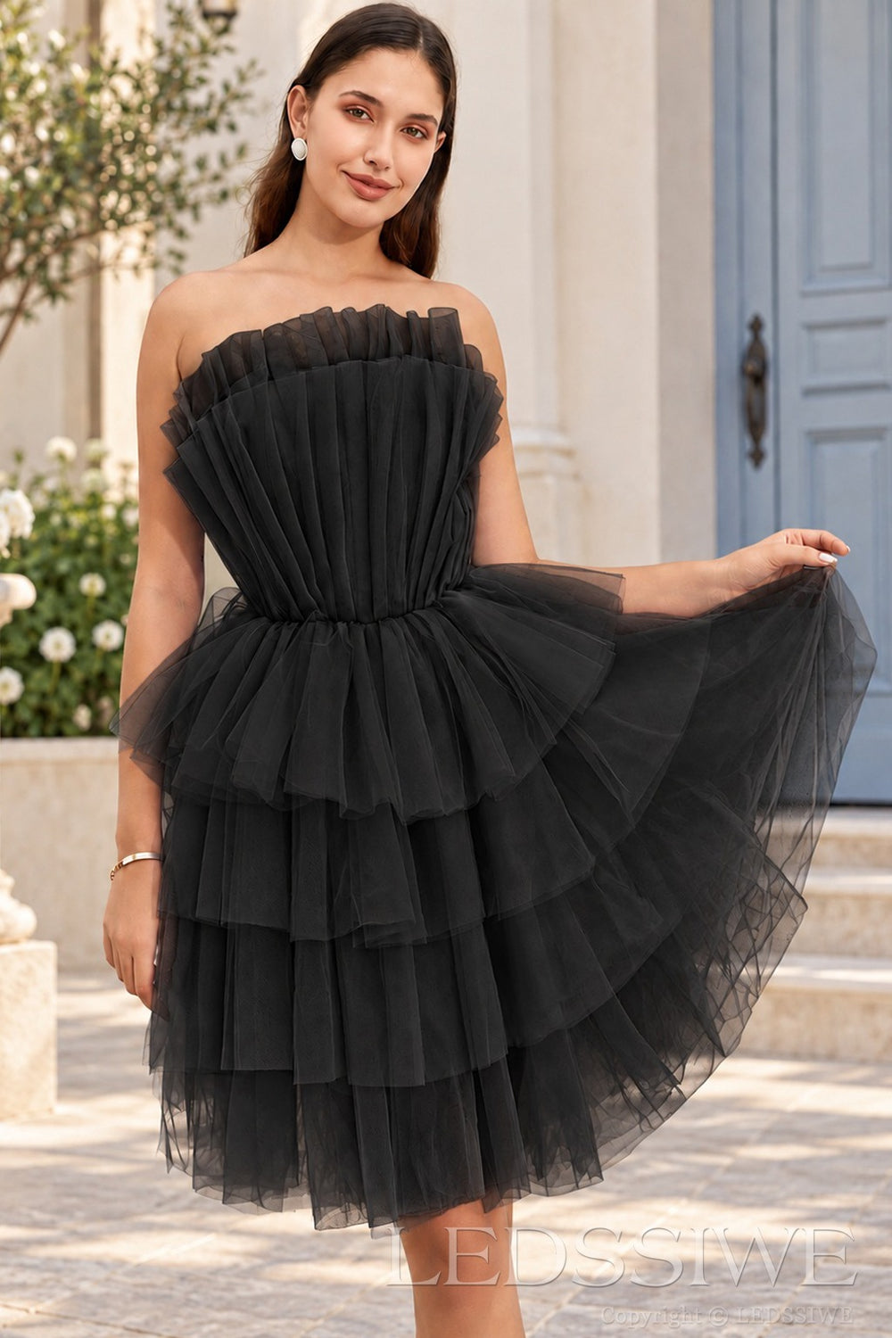 black strapless ruffled tulle tiered a-line homecoming dress