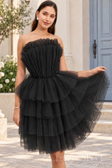 black strapless ruffled tulle tiered a-line homecoming dress