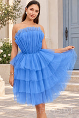 blue strapless ruffled tulle tiered a-line homecoming dress