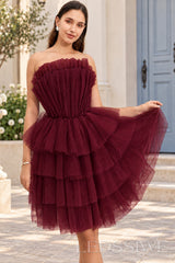 burgundy strapless ruffled tulle tiered a-line homecoming dress
