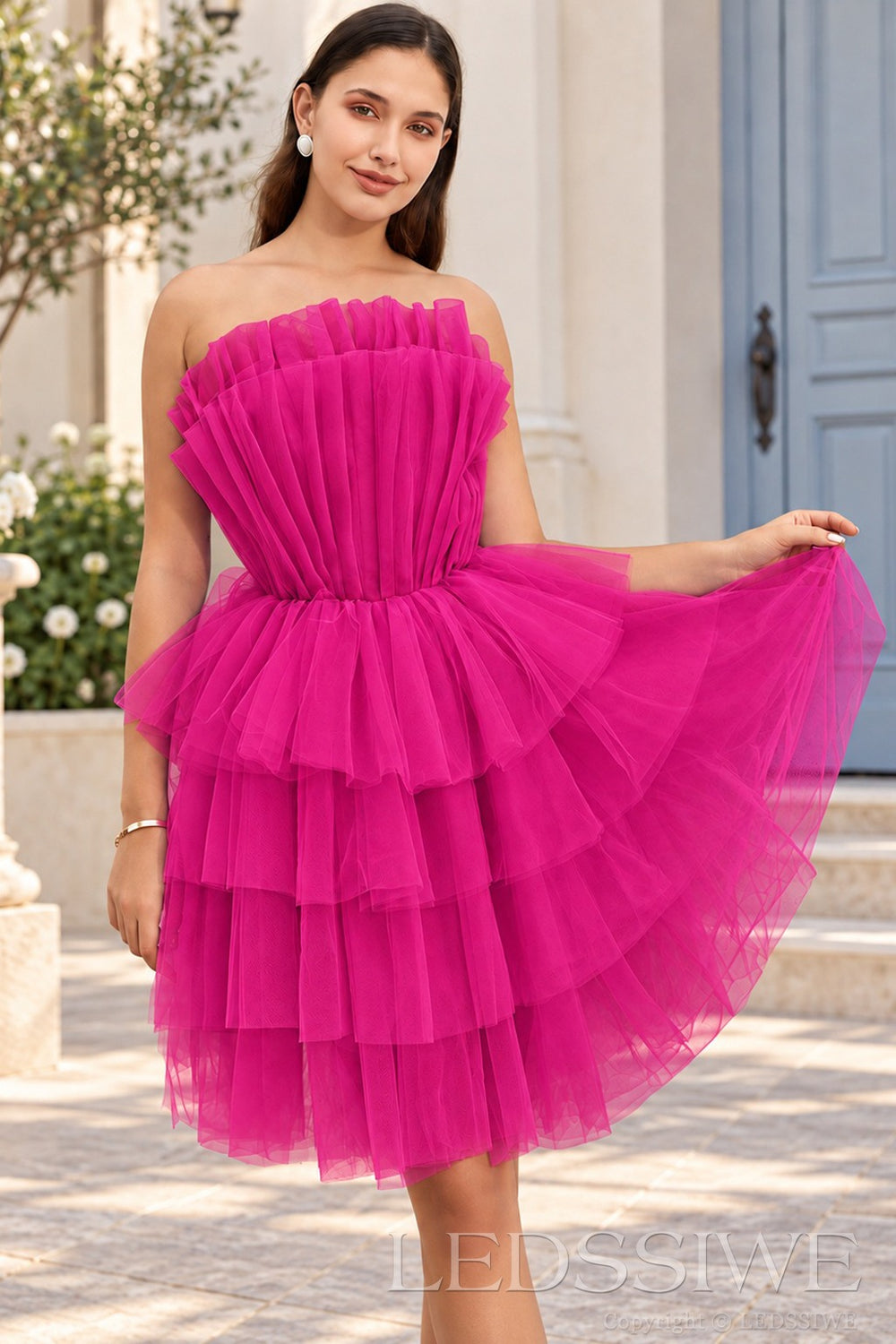 fuchsia strapless ruffled tulle tiered a-line homecoming dress