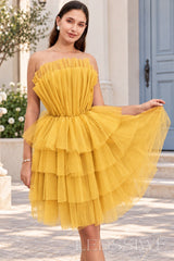 gold strapless ruffled tulle tiered a-line homecoming dress
