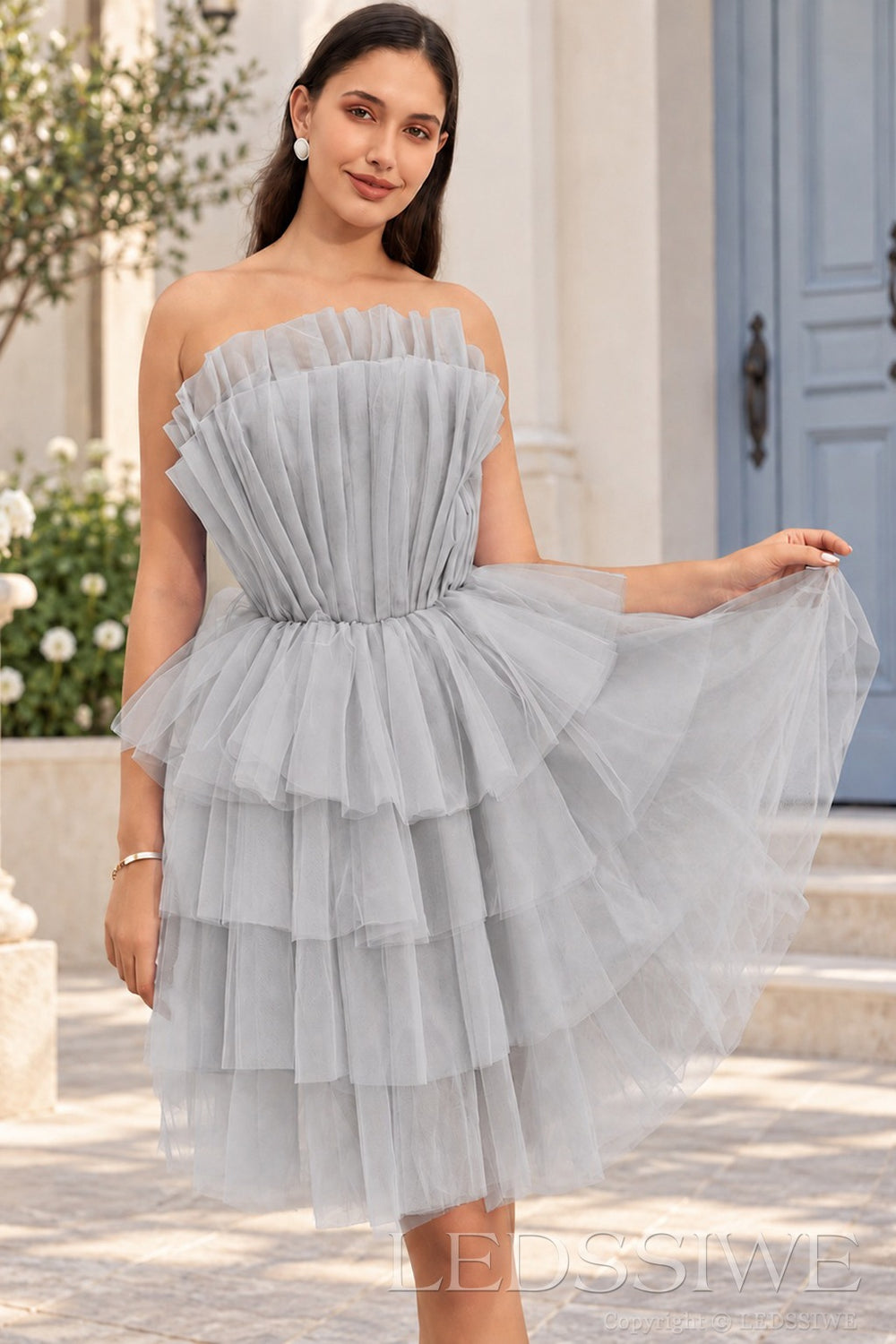 grey strapless ruffled tulle tiered a-line homecoming dress