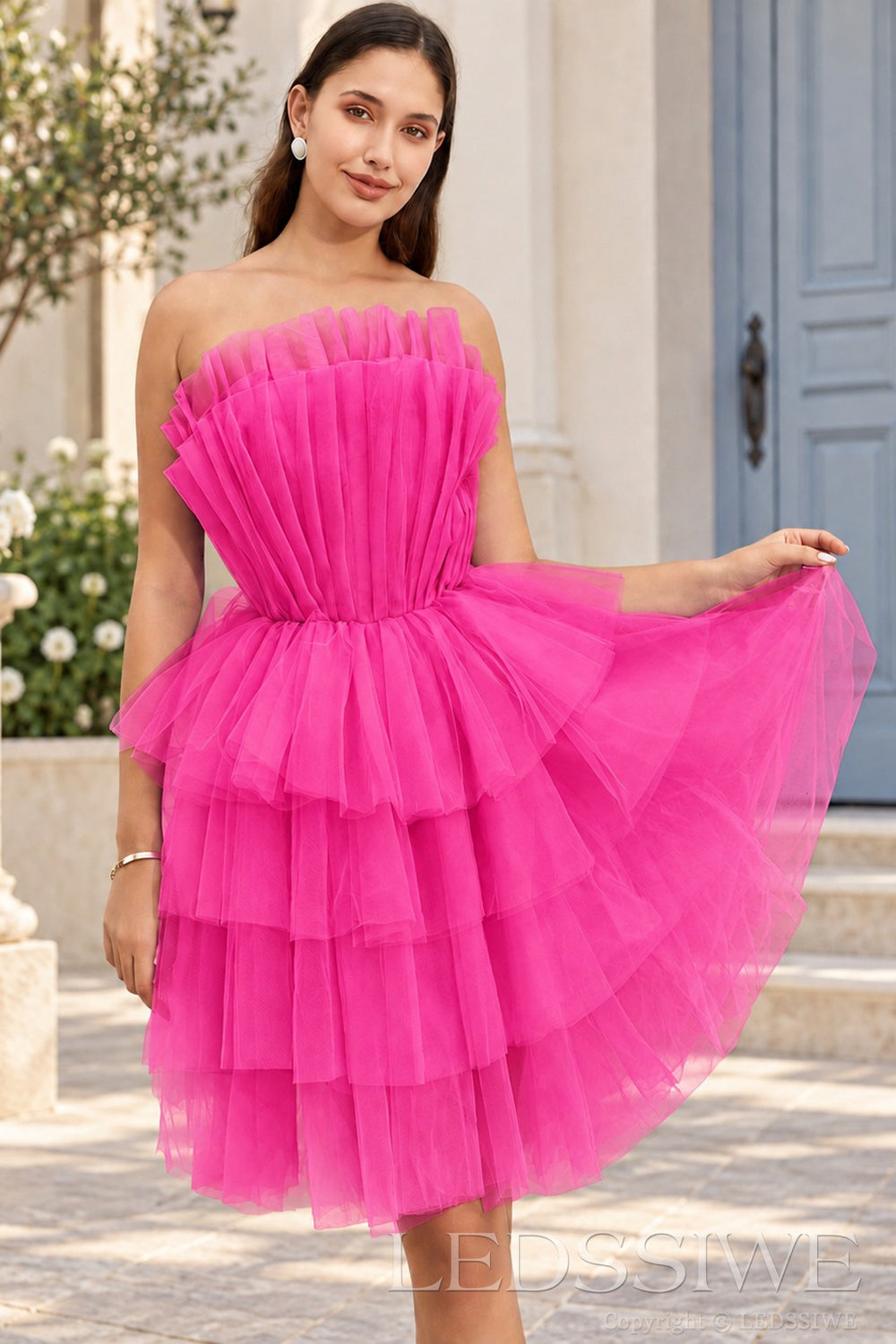 hot pink strapless ruffled tulle tiered a-line homecoming dress