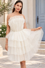 ivory strapless ruffled tulle tiered a-line homecoming dress