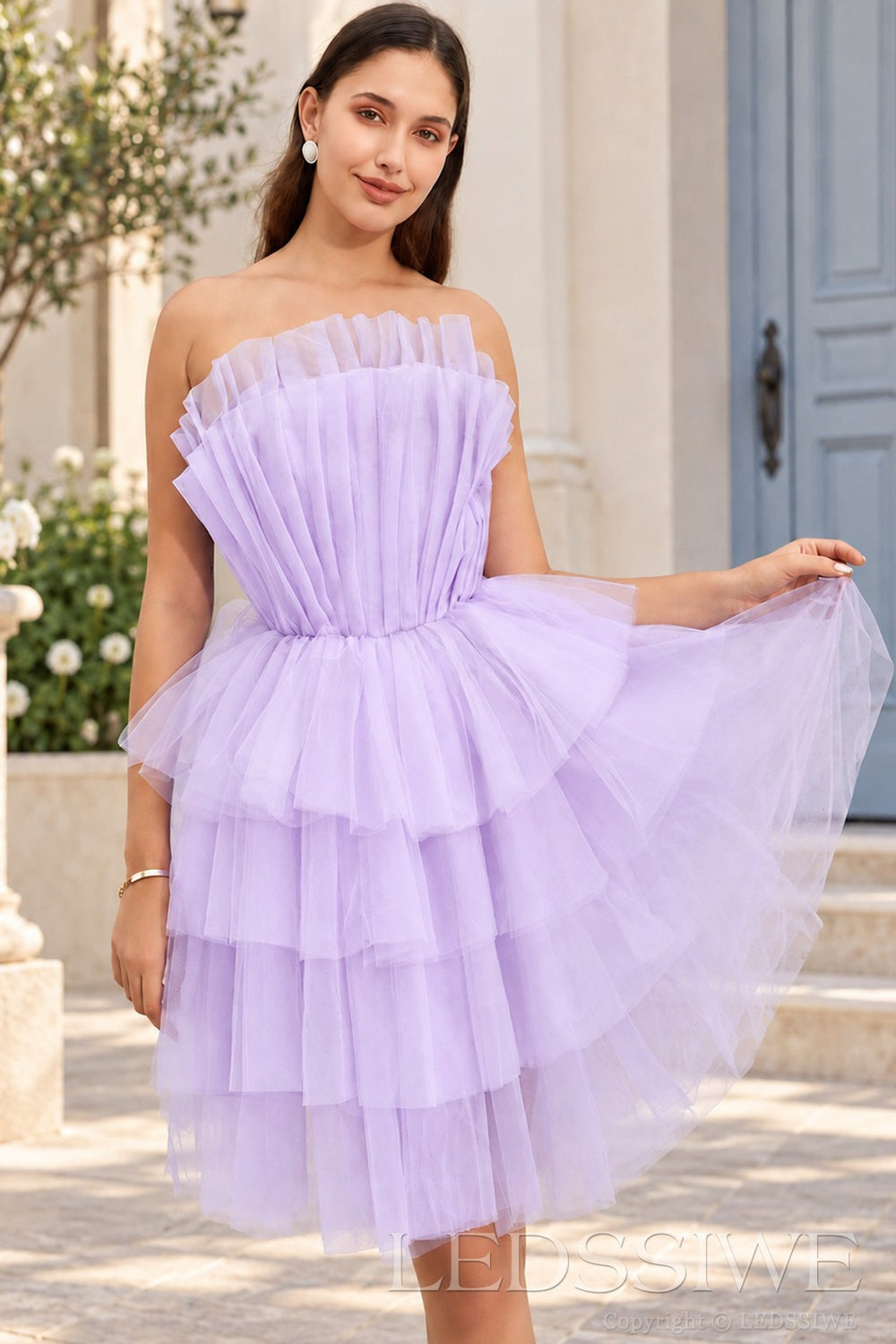 lavender strapless ruffled tulle tiered a-line homecoming dress