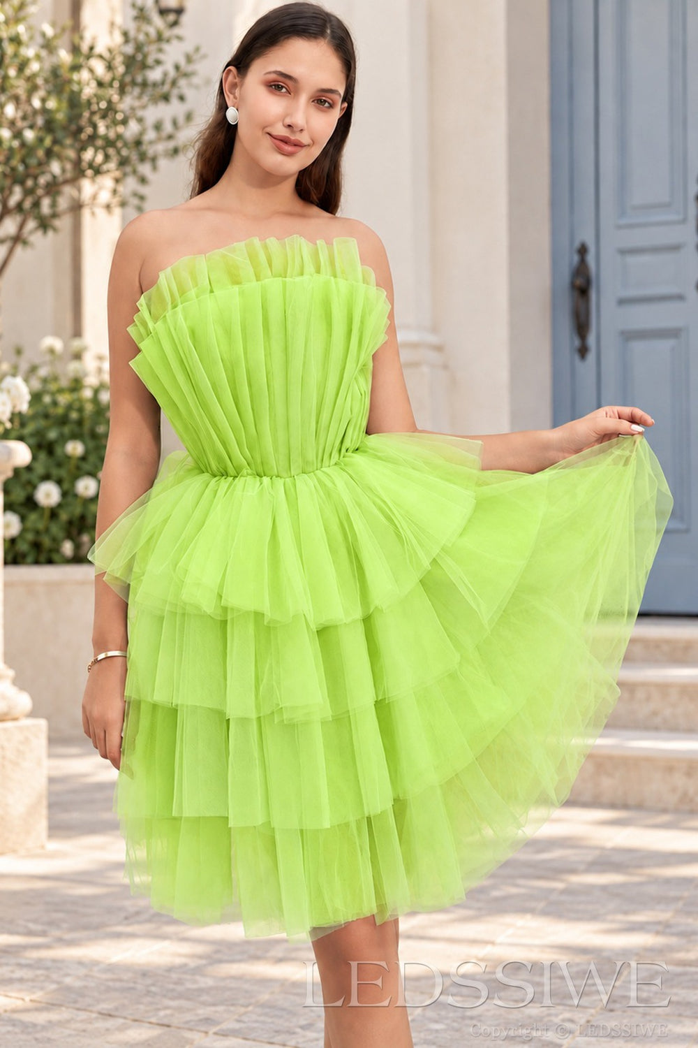 lime green strapless ruffled tulle tiered a-line homecoming dress