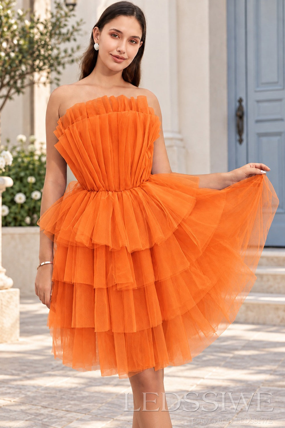 orange strapless ruffled tulle tiered a-line homecoming dress