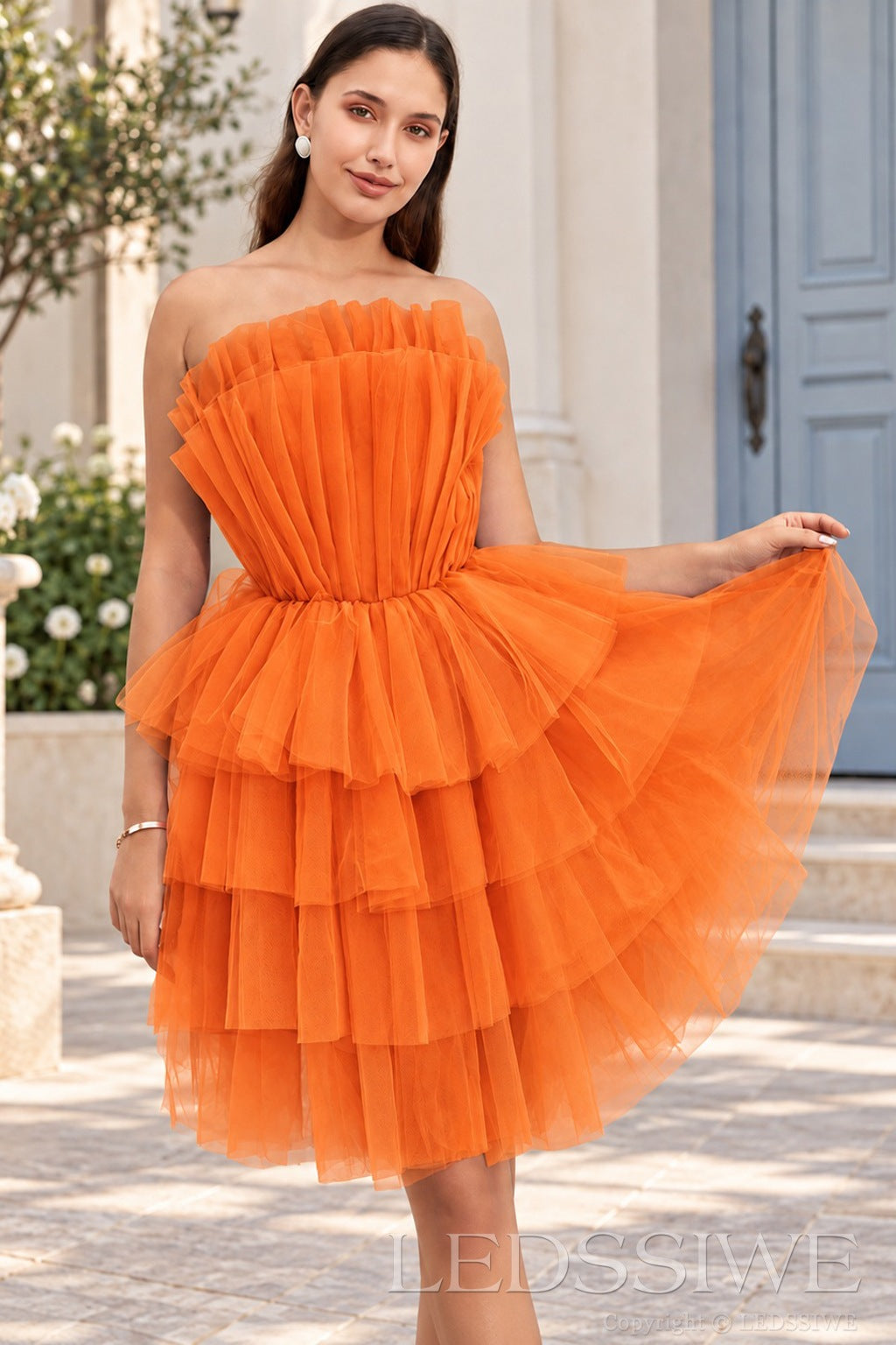 orange strapless ruffled tulle tiered a-line homecoming dress