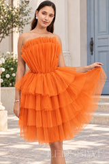 orange strapless ruffled tulle tiered a-line homecoming dress