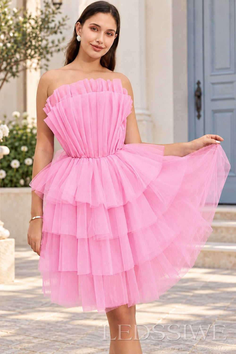 pink strapless ruffled tulle tiered a-line homecoming dress