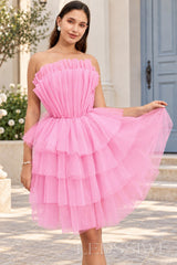 pink strapless ruffled tulle tiered a-line homecoming dress