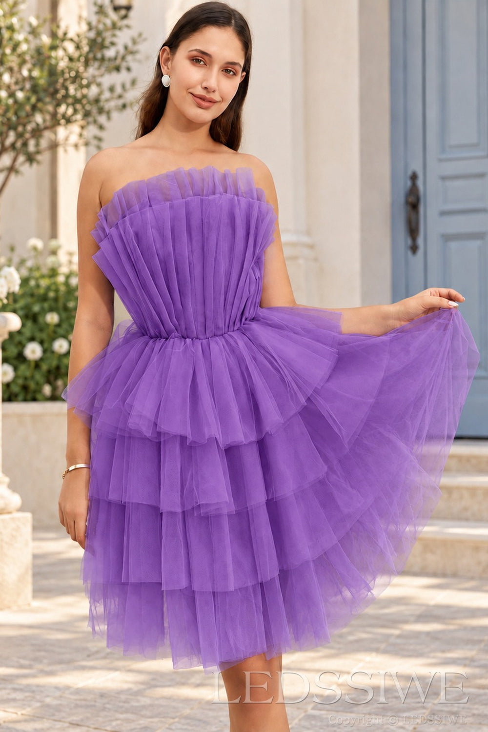 purple strapless ruffled tulle tiered a-line homecoming dress