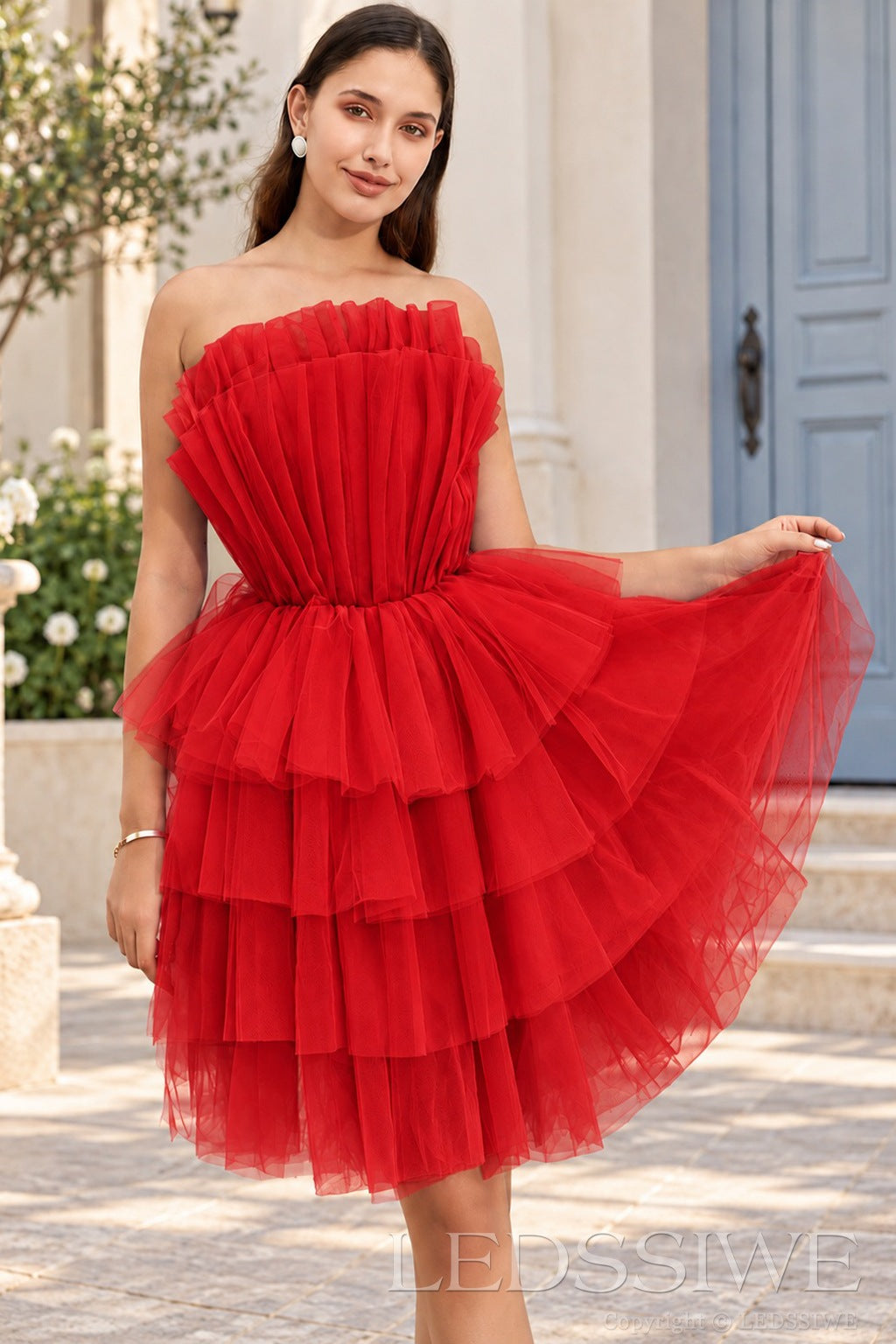 red strapless ruffled tulle tiered a-line homecoming dress