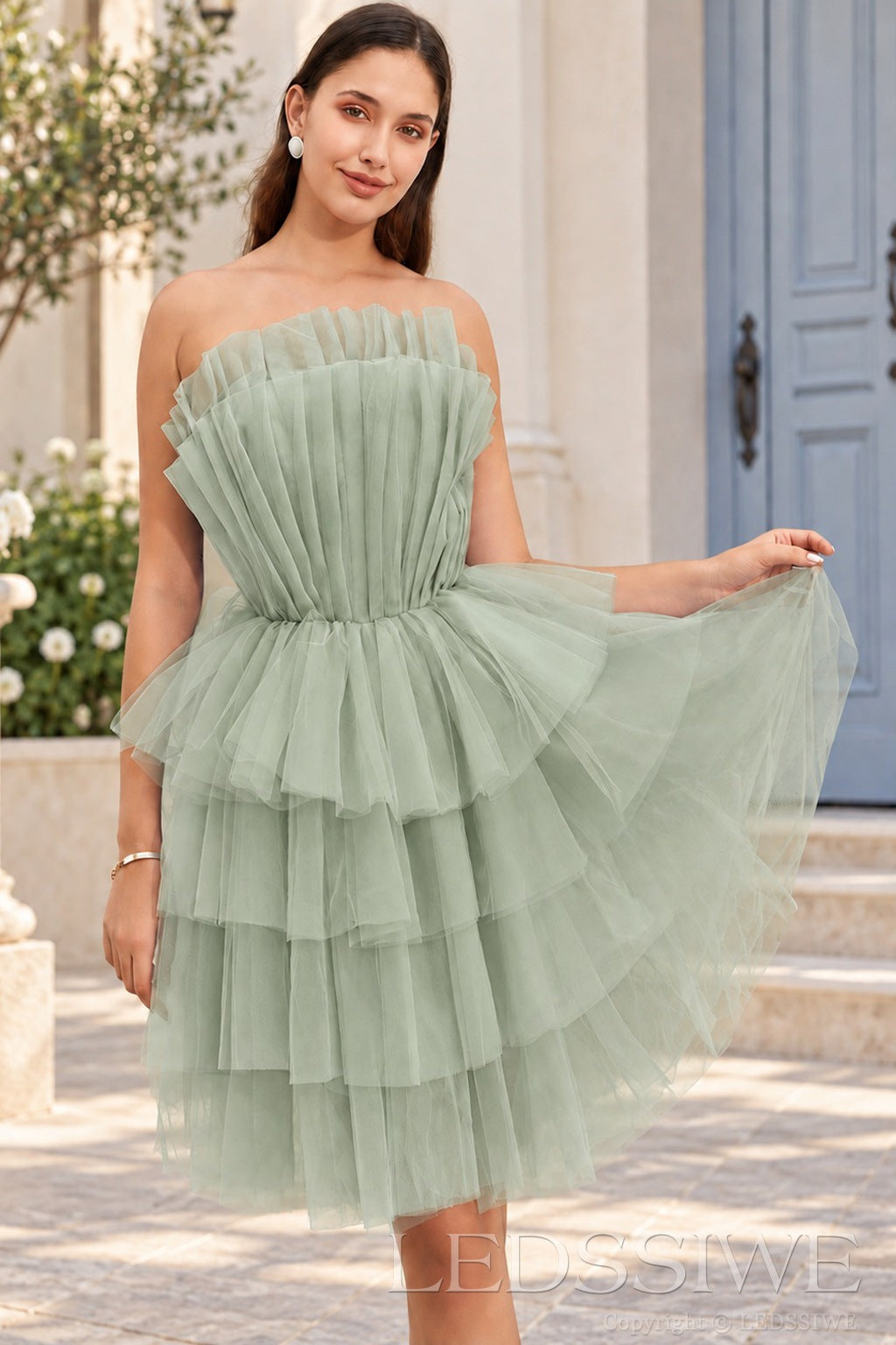 sage strapless ruffled tulle tiered a-line homecoming dress