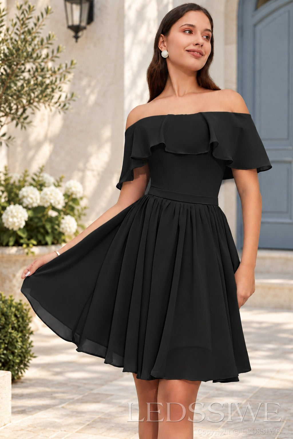 black off the shoulder ruffle chiffon a-line homecoming dress