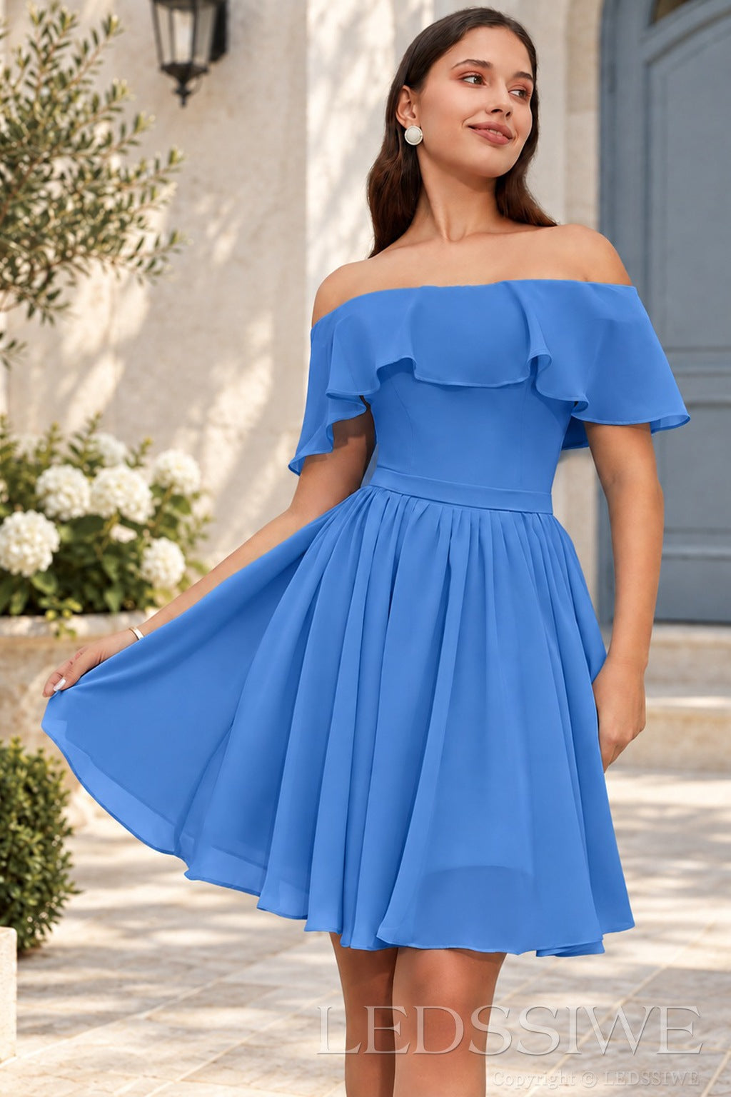 blue off the shoulder ruffle chiffon a-line homecoming dress