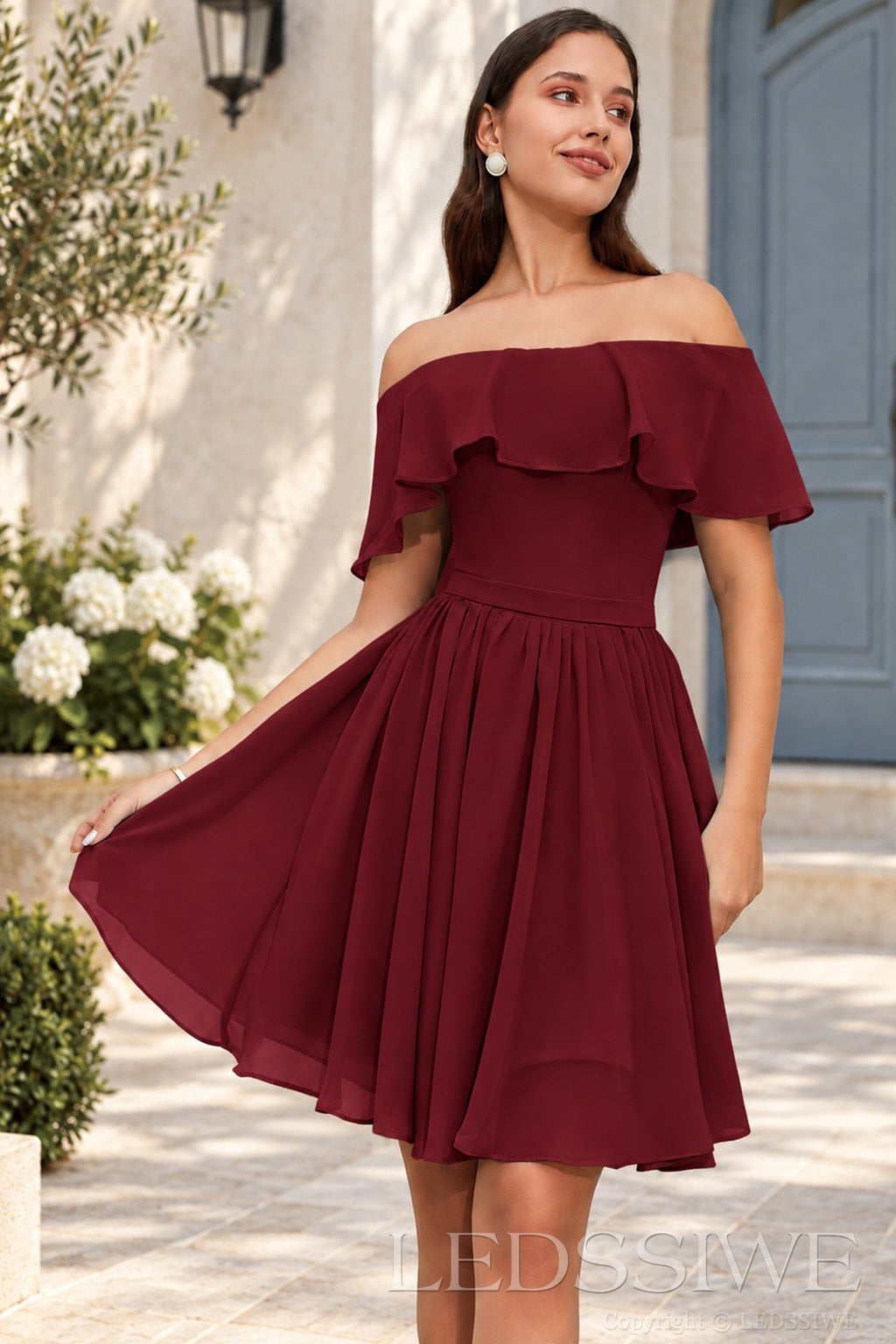 burgundy off the shoulder ruffle chiffon a-line homecoming dress