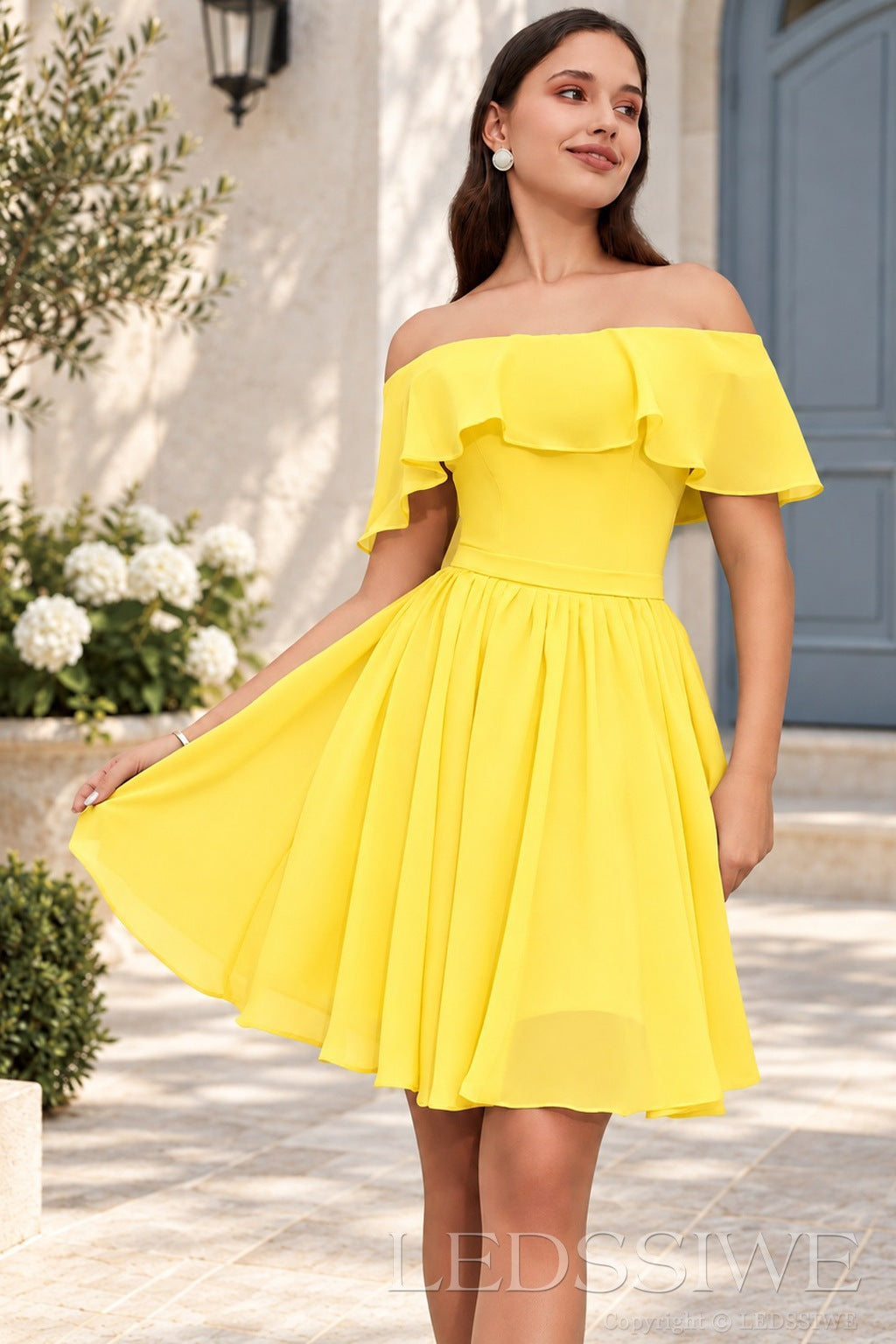 daffodil off the shoulder ruffle chiffon a-line homecoming dress