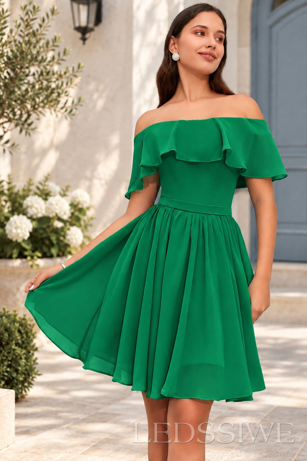 emerald off the shoulder ruffle chiffon a-line homecoming dress