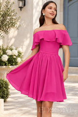 fuchsia off the shoulder ruffle chiffon a-line homecoming dress