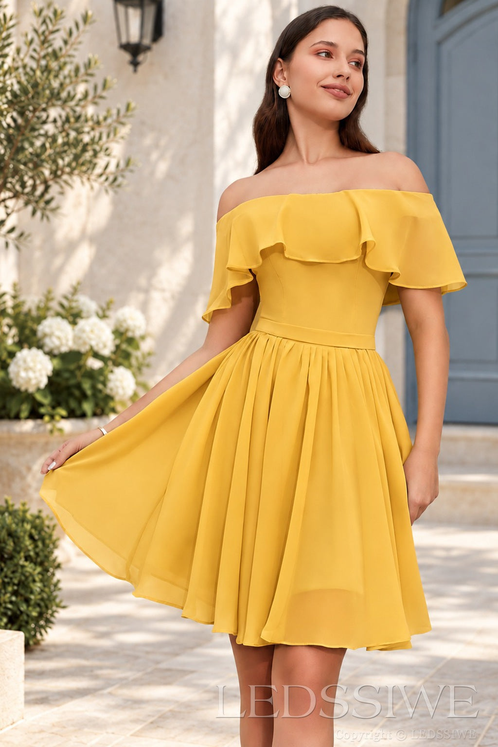 gold off the shoulder ruffle chiffon a-line homecoming dress