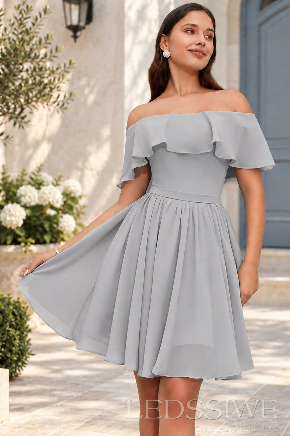 grey off the shoulder ruffle chiffon a-line homecoming dress