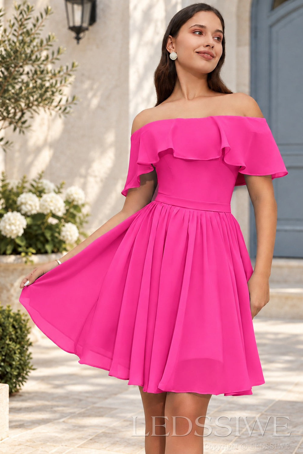 hot pink off the shoulder ruffle chiffon a-line homecoming dress