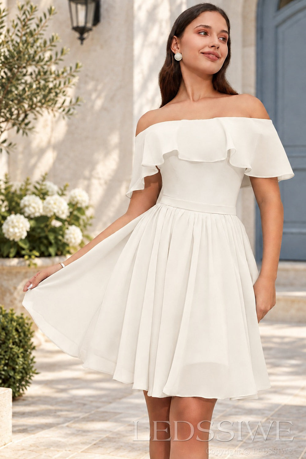 ivory off the shoulder ruffle chiffon a-line homecoming dress