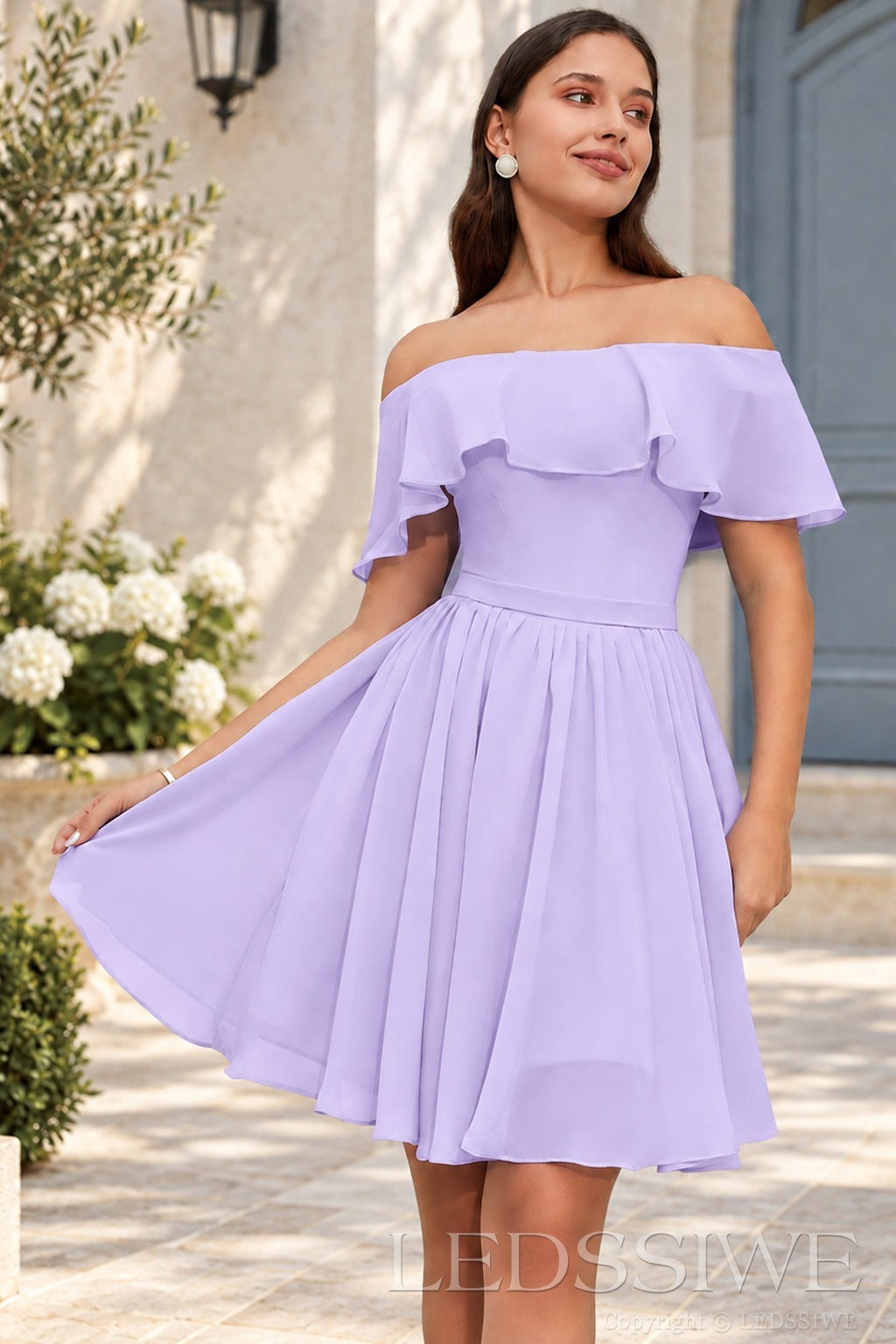 lavender off the shoulder ruffle chiffon a-line homecoming dress