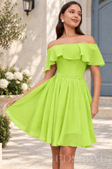 lime green off the shoulder ruffle chiffon a-line homecoming dress