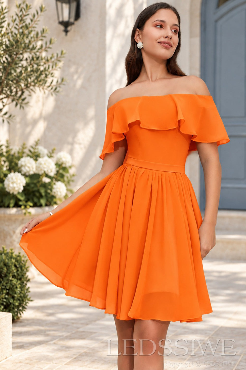 orange off the shoulder ruffle chiffon a-line homecoming dress