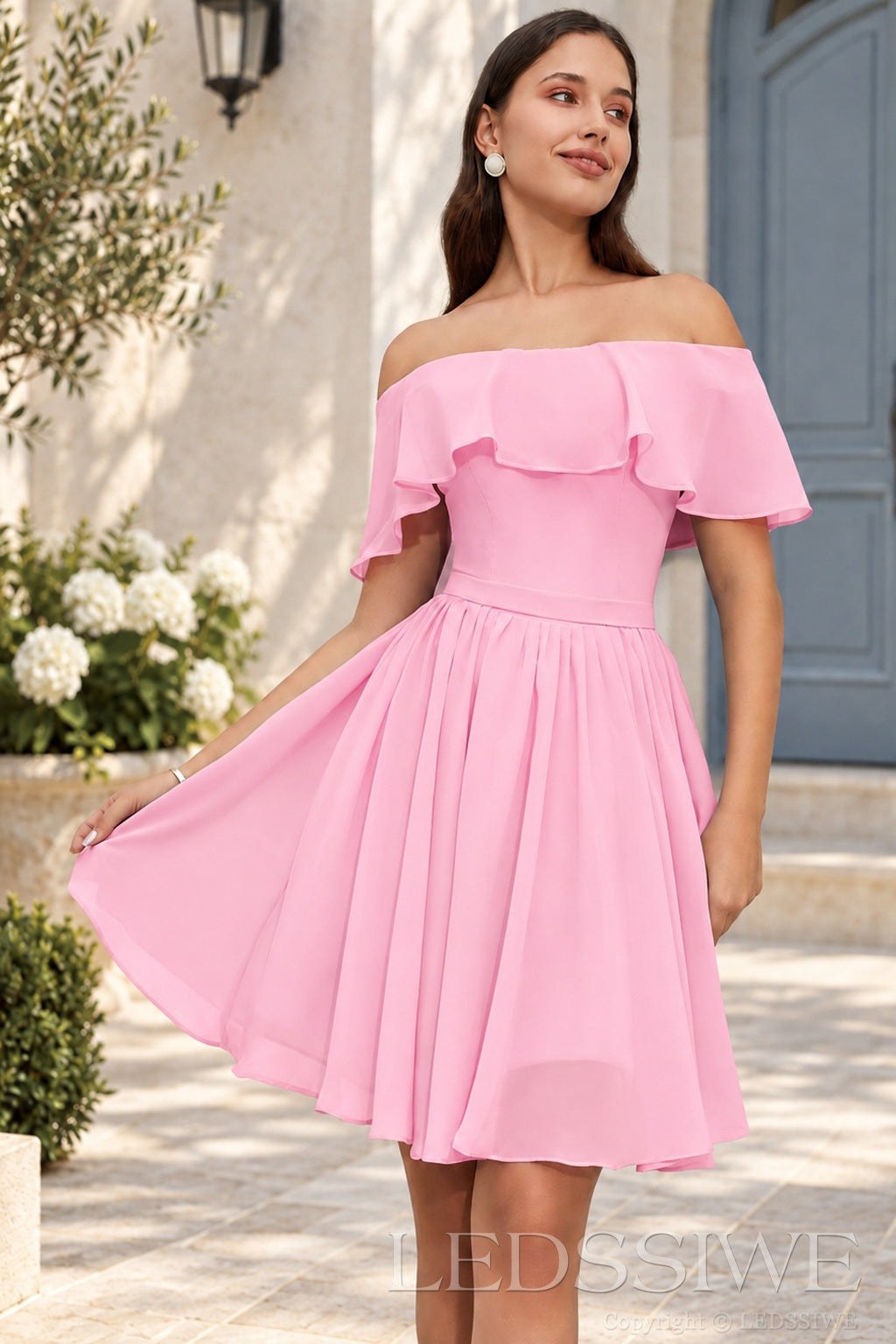 pink off the shoulder ruffle chiffon a-line homecoming dress